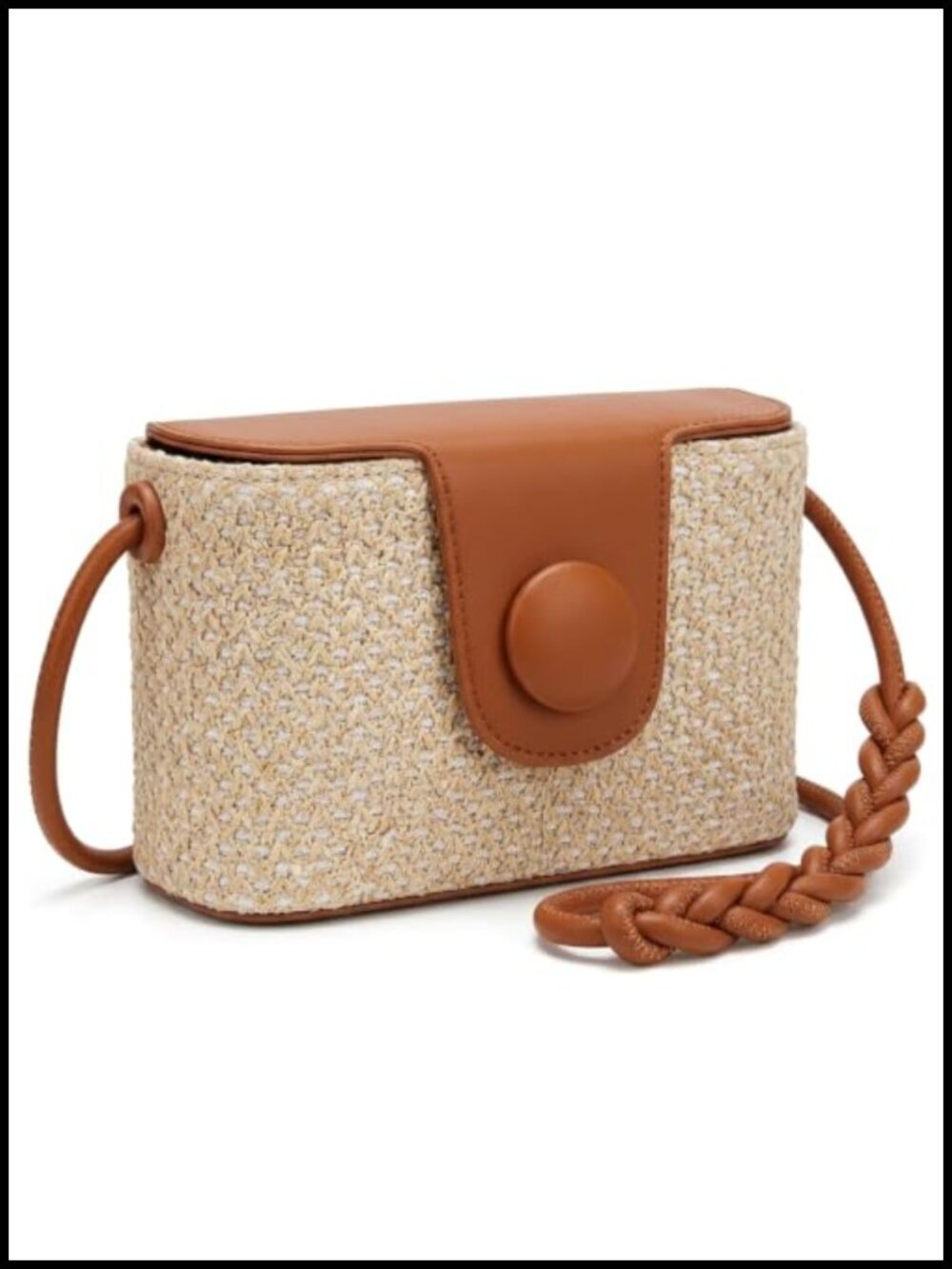 Woven Straw Boxy Crossbody Bag With PU Leather Flap & Braided Strap